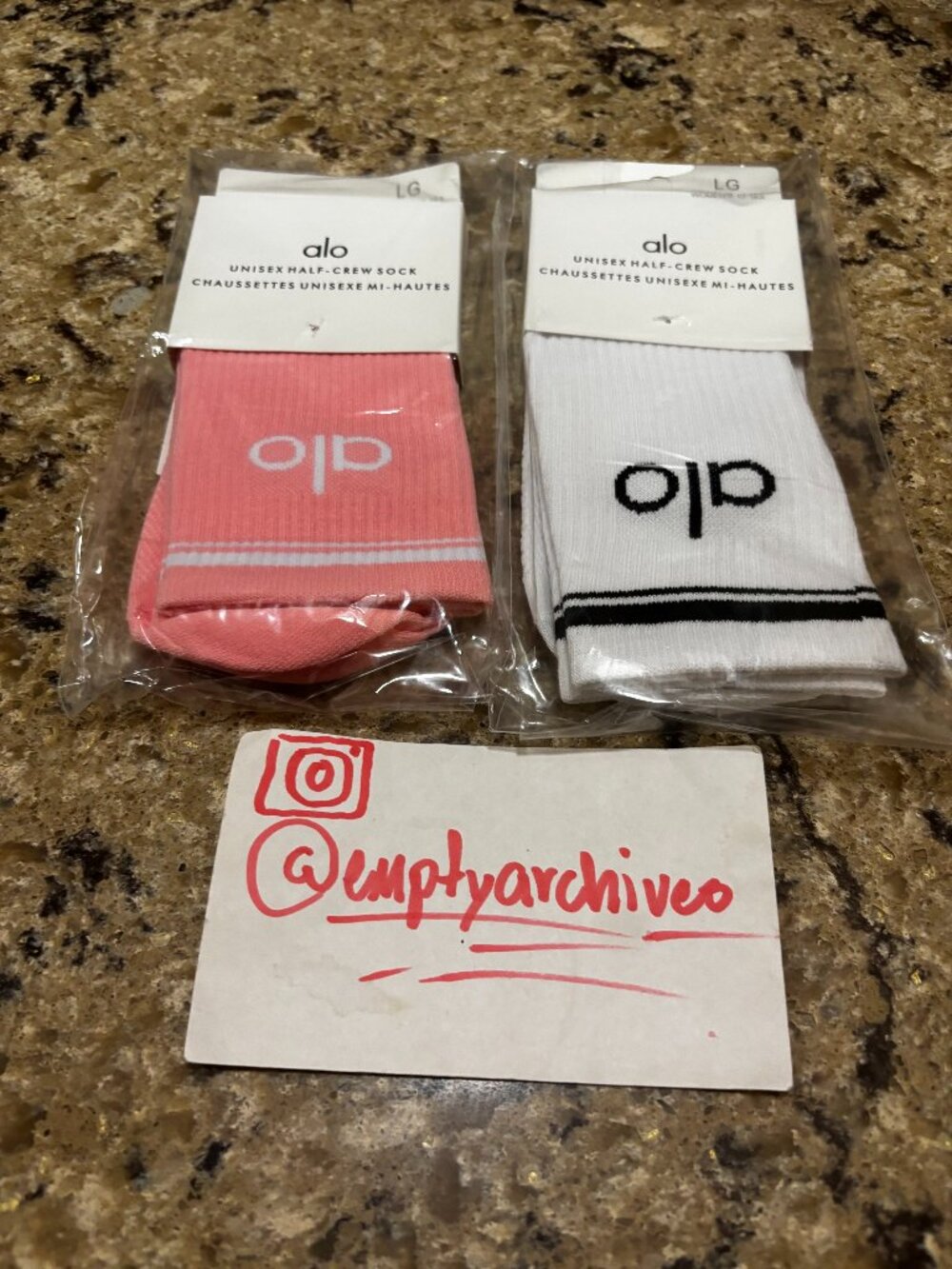 Alo Combo! Alo Unisex Half-Crew Socks - 2 Pairs Size L FITS ALL! Pink/White